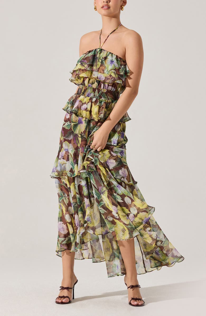 ASTR the Label Elena Floral Print Chiffon Halter Dress, Alternate, color, Brown Yellow Floral