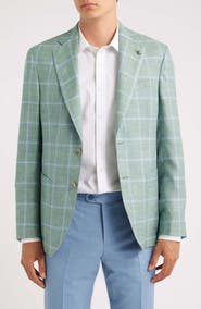 Jack Victor 250th Capsule Myles Unconstructed Green Windowpane Check Slub Wool & Silk Blend Sport Coat