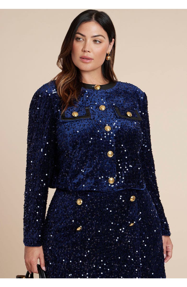 ELOQUII Sequin Velvet Jacket, Main, color, Rich Navy