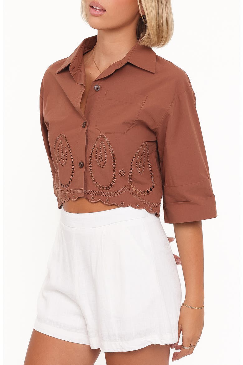 Williams Eyelet Scalloped Hem Crop Button-Up Shirt, Alternate, color, BROWN