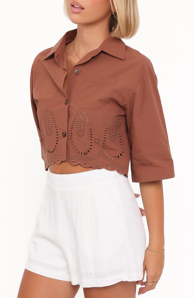 Petal & Pup Williams Eyelet Scalloped Hem Crop Button-Up Shirt, Alternate, color, Brown