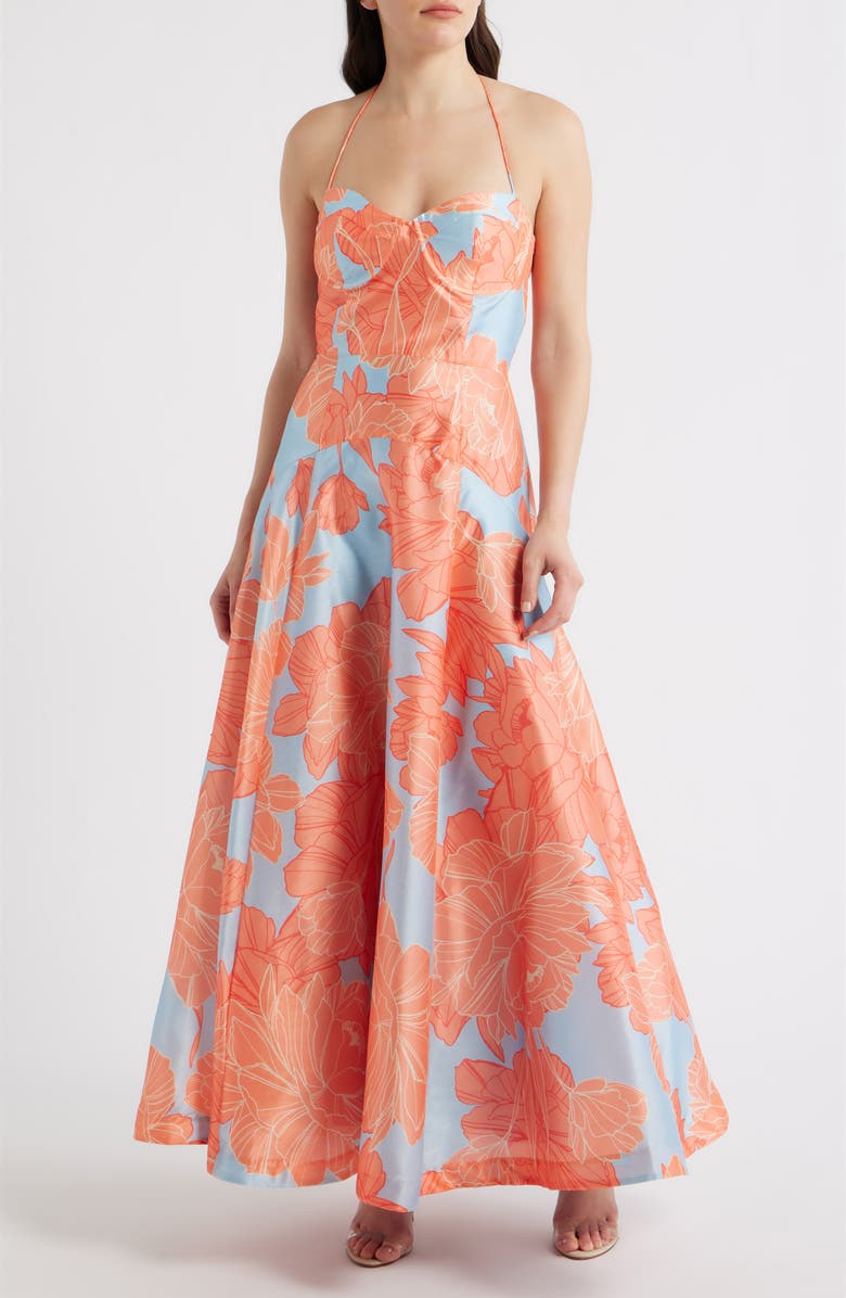 Hutch Saige Floral Sweetheart Neck Cocktail Dress, Main, color, Sky/ Coral Layered Peonies