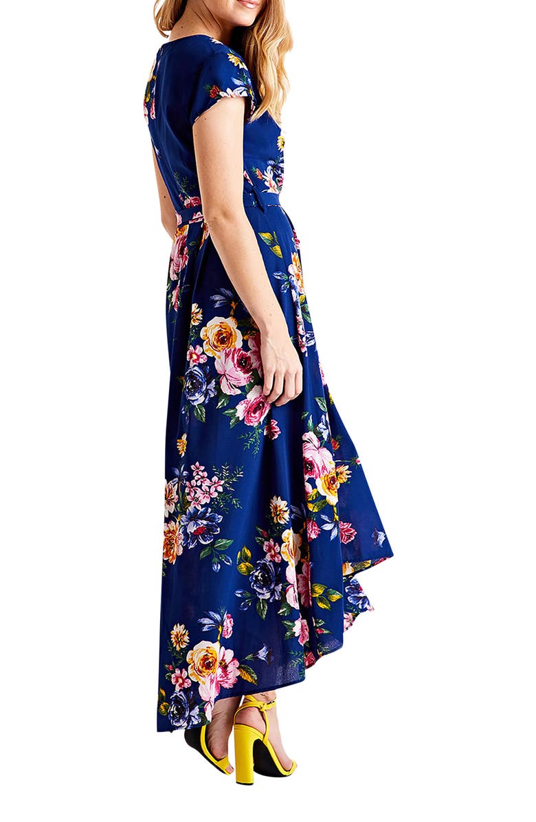 Yumi Floral Print Dipped Hem Wrap Midi Dress, Alternate, color, Navy