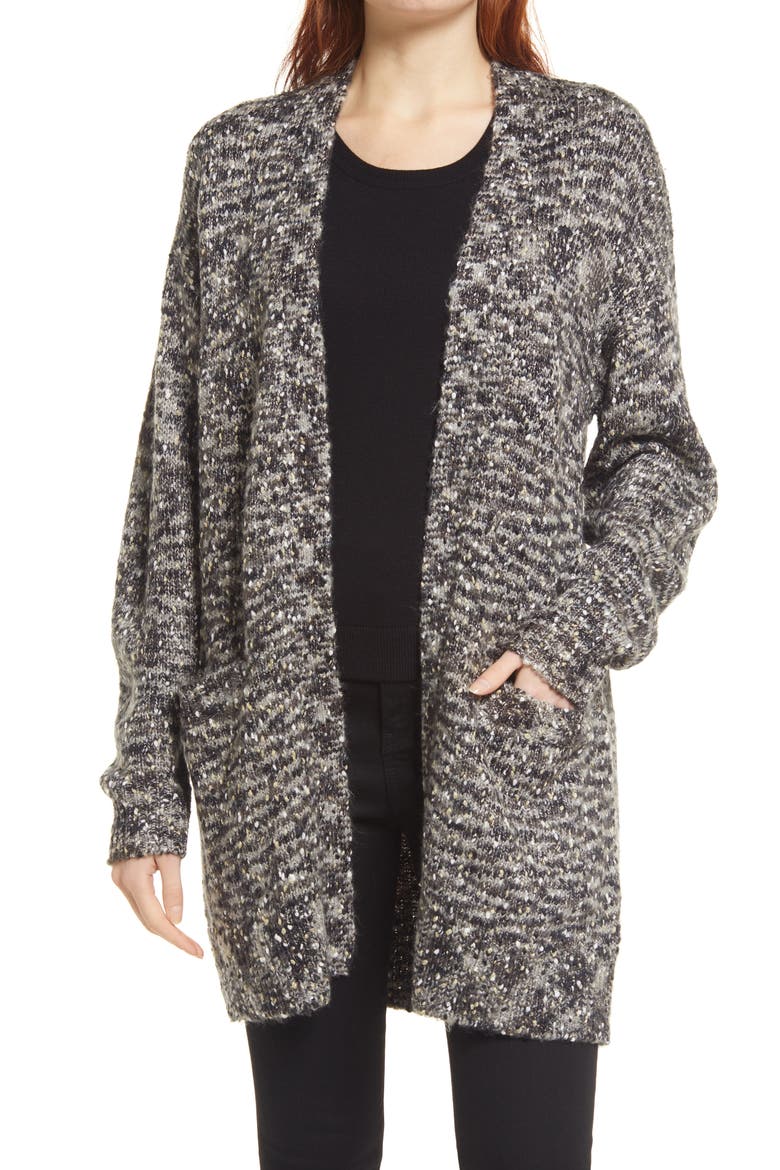 Metallic Flecked Open Long Cardigan, Main, color, BLACK- GREY METALLIC NEP