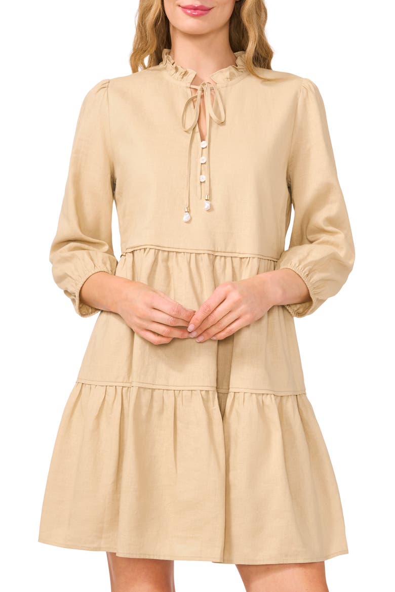 Long Sleeve Tiered Linen Blend Dress, Alternate, color, HAZELNUT