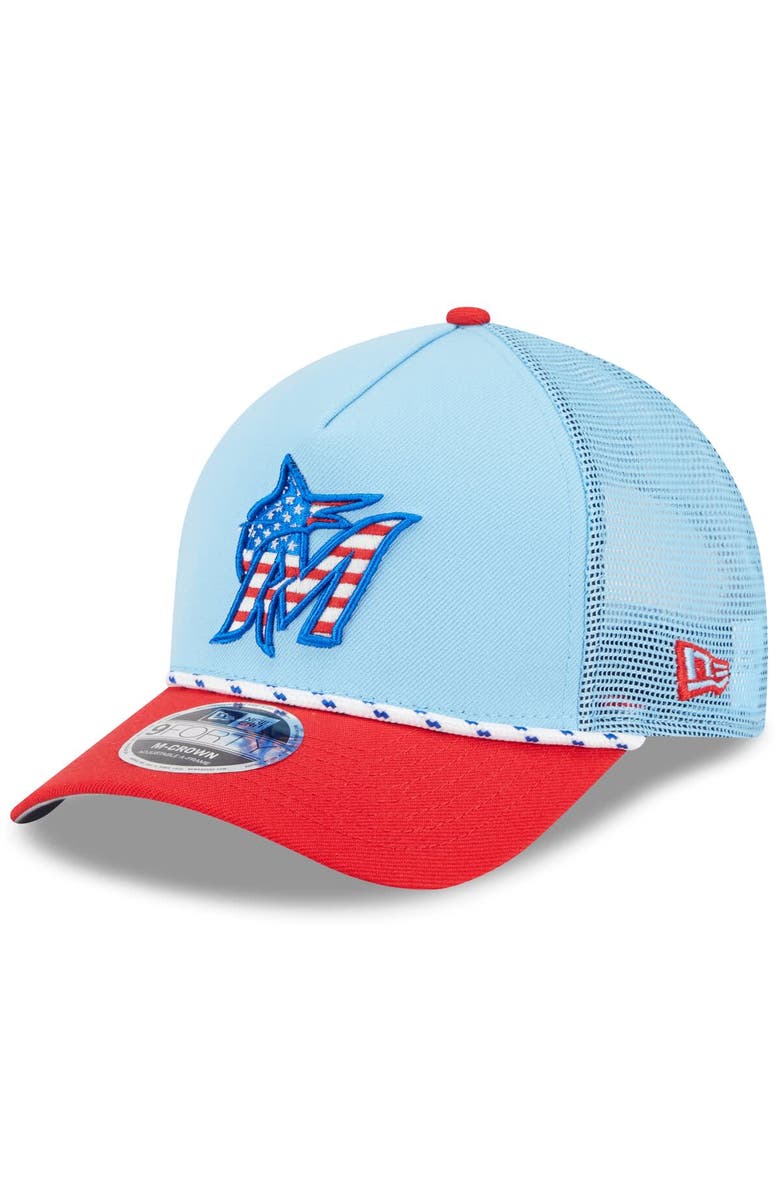 New Era Men's New Era Light Blue/Red Miami Marlins 2025 Fourth of July 9FORTY A-Frame M-Crown Adjustable Trucker Hat, Main, color, Light Blue