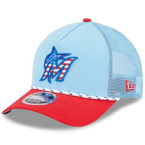 Men's New Era Light Blue/Red Miami Marlins 2025 Fourth of July 9FORTY A-Frame M-Crown Adjustable Trucker Hat