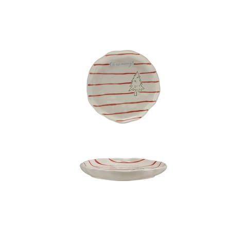 Artisan Stoneware Striped Plate with Hand-Painted Tree