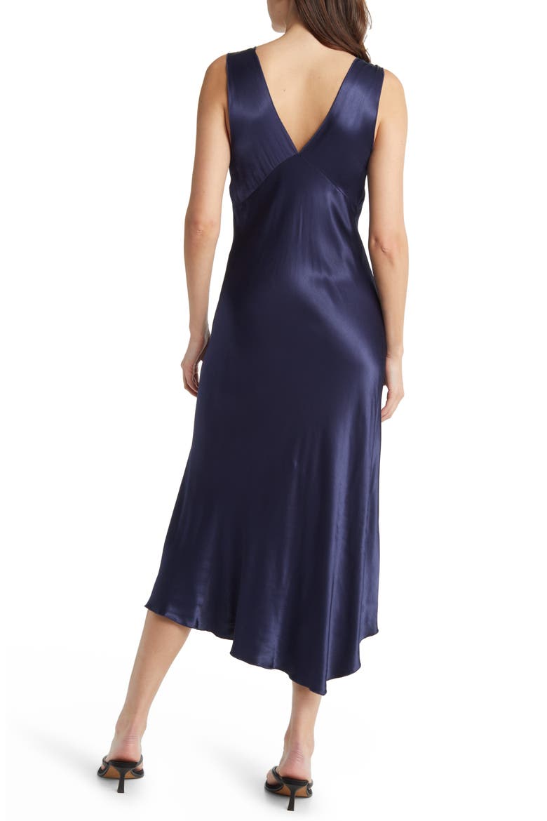 Monique Sleeveless Asymmetric Hem Satin Dress, Alternate, color, NAVY