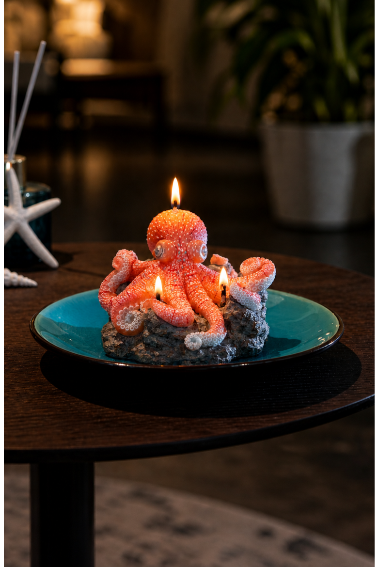 Octopus on Reef Candle, Alternate, color, Bright Coral / Turquoise