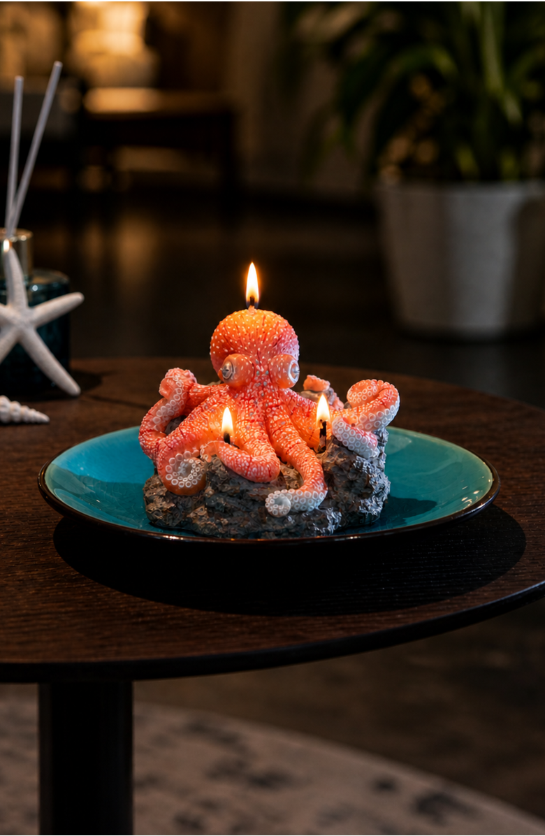 Southlake gifts Octopus on Reef Candle, Alternate, color, Bright Coral / Turquoise