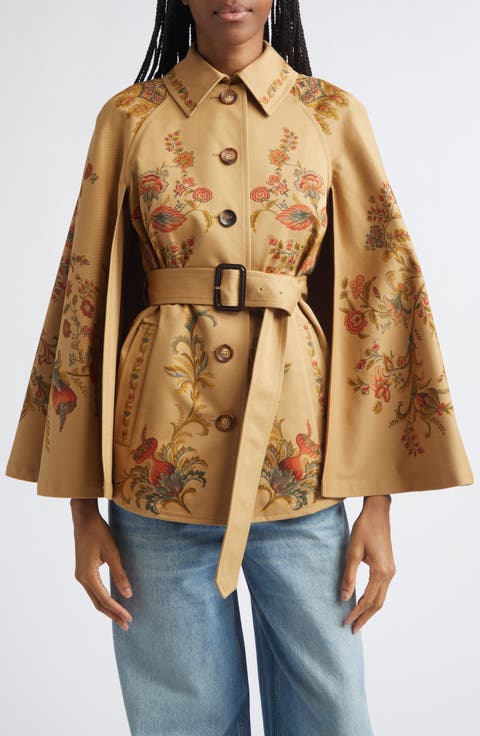 Print Cotton Belted Cape Jacket