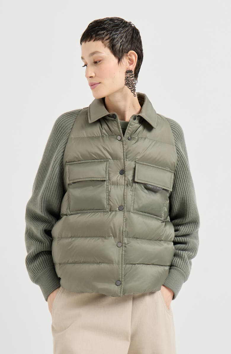 Brunello Cucinelli Nylon down jacket with monili, Main, color, Green