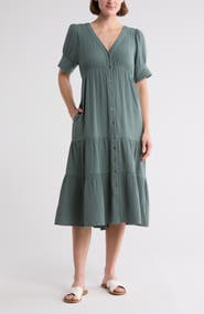 Madewell Lightspun Tiered Button Front Midi Dress
