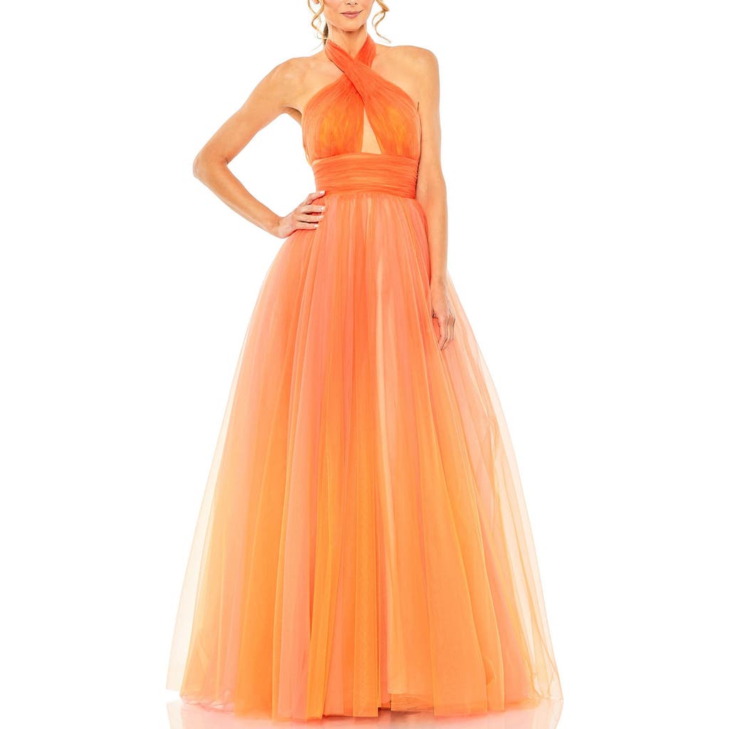 Mac Duggal Cross Front Tulle Ombre Cut-out Gown In Orange