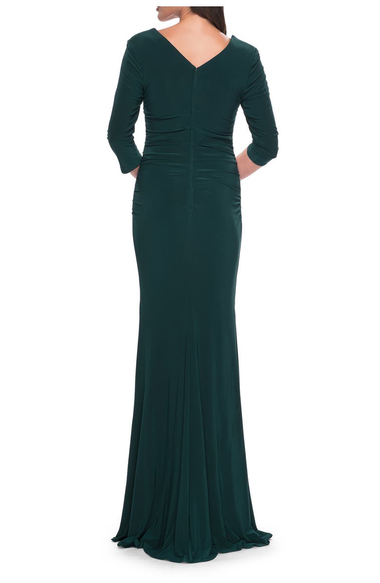 La Femme Long Jersey Evening Dress with Square Neckline and Sleeves, Alternate, color, Hunter Green