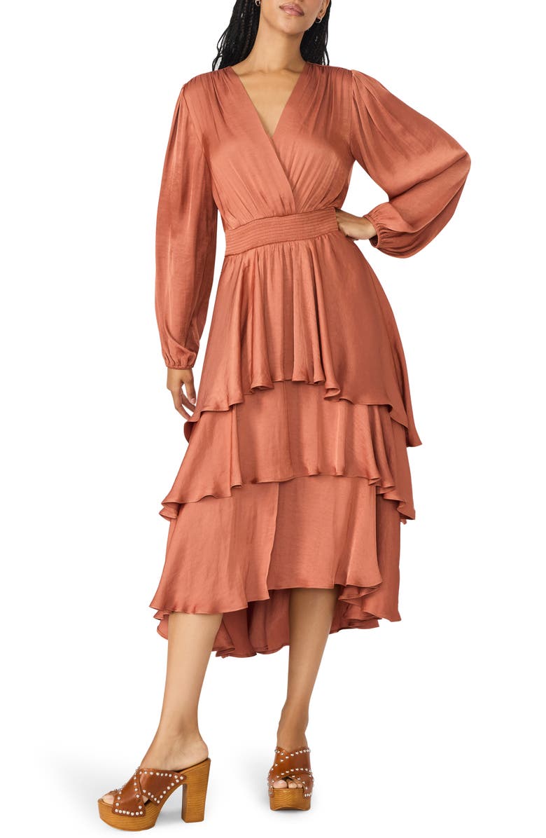 Steve Madden Bei Long Sleeve Tiered Satin Midi Dress, Main, color, Copper Brown