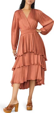 Steve Madden Bei Long Sleeve Tiered Satin Midi Dress