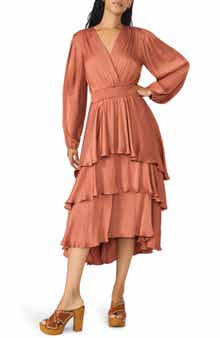 Steve Madden Bei Long Sleeve Tiered Satin Midi Dress