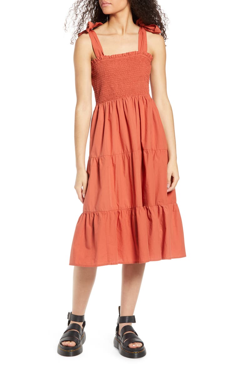 Maggie Tie Strap Tiered Sundress, Main, color, HOT SAUCE