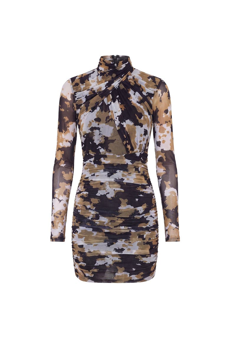 Kaia Mesh Gathered Mini Dress, Alternate, color, UMBER DAPPLE