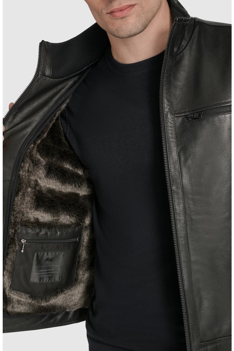 Stand Collar Leather Jacket, Alternate, color, BLACK