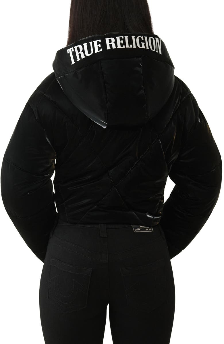 True Religion High Shine Hooded Crop Puffer Jacket, Alternate, color, Jet Black