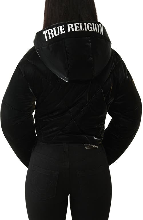 True Religion High Shine Hooded Crop Puffer Jacket In Black
