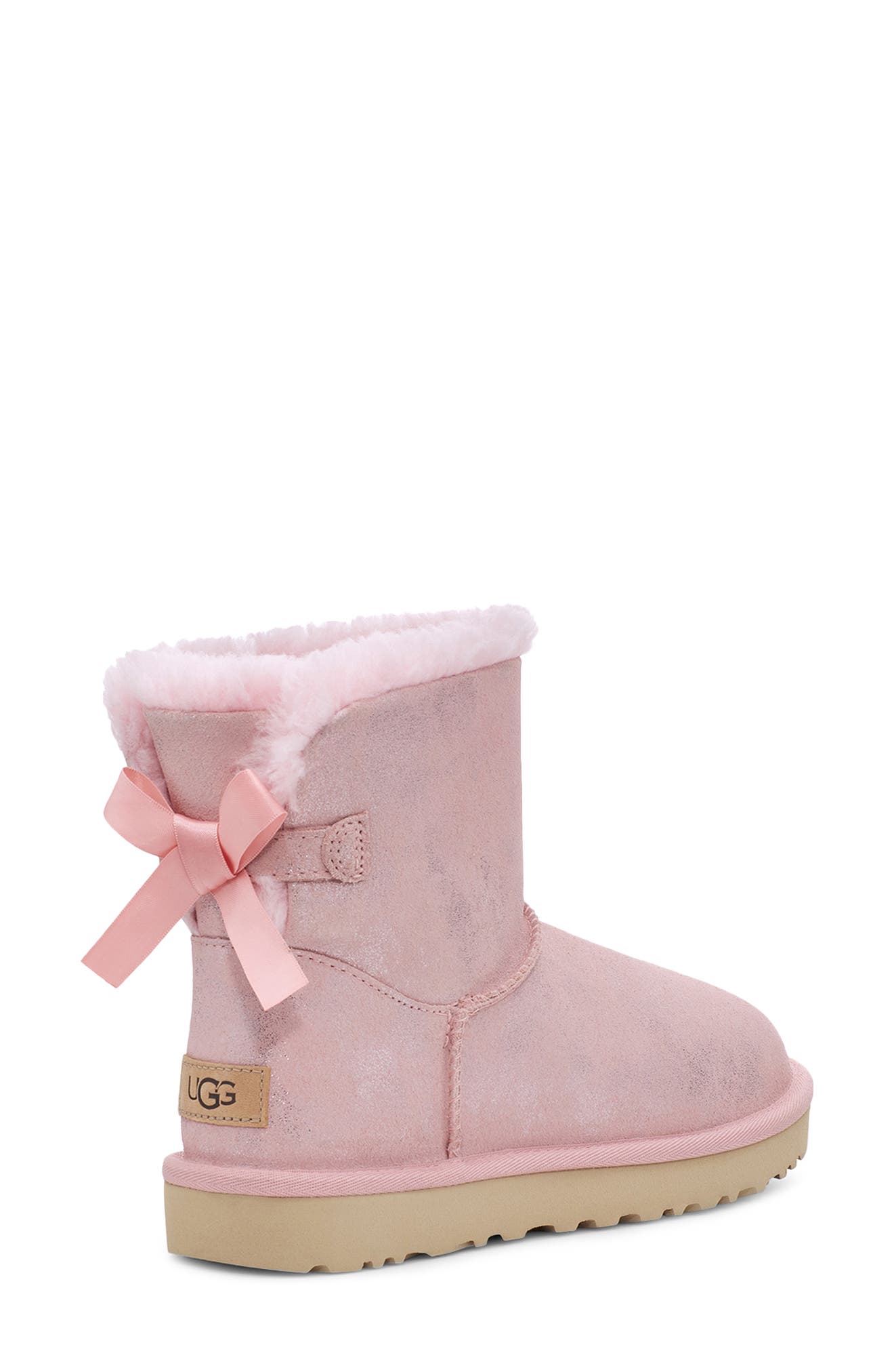 Mini Bailey Bow II Genuine Shearling Bootie, Alternate, color, PINK CLOUD METALLIC SUEDE