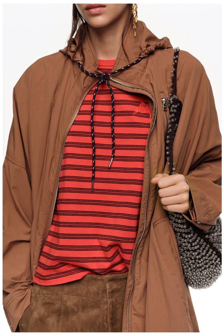 Striped Cropped T-shirt With Embroidered Logo, Alternate, color, RED