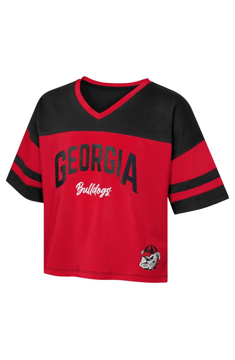 Outerstuff Girls Youth Red Georgia Bulldogs The Playmaker Sleeve Stripe V-Neck Jersey T-Shirt, Alternate, color, 