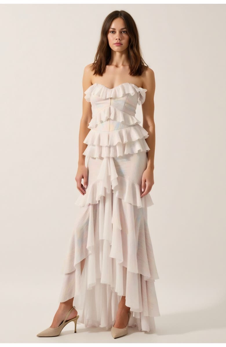 Modenaire Strapless Raw Edge Tiered Ruffle Maxi Dress, Alternate, color, Ivory