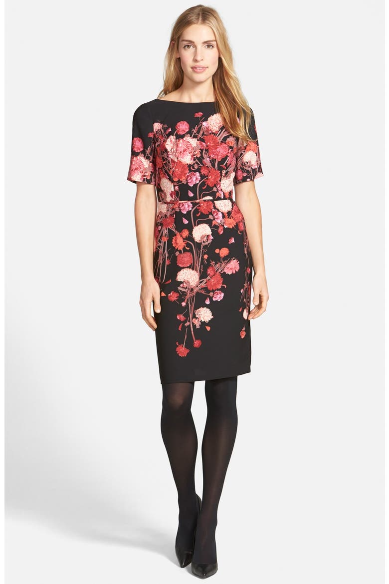 Placed Floral Print Crepe Sheath Dress, Alternate, color, BLACK MULTI
