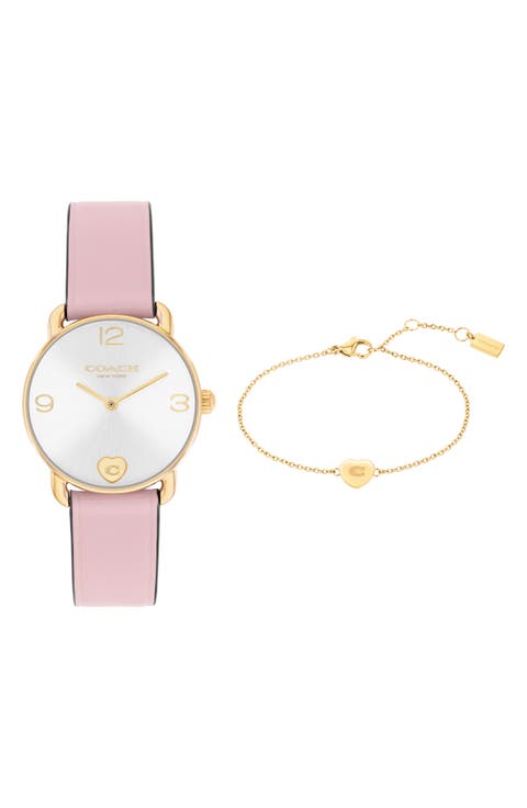 Elliot Leather Strap Watch & Bracelet Set, 28mm