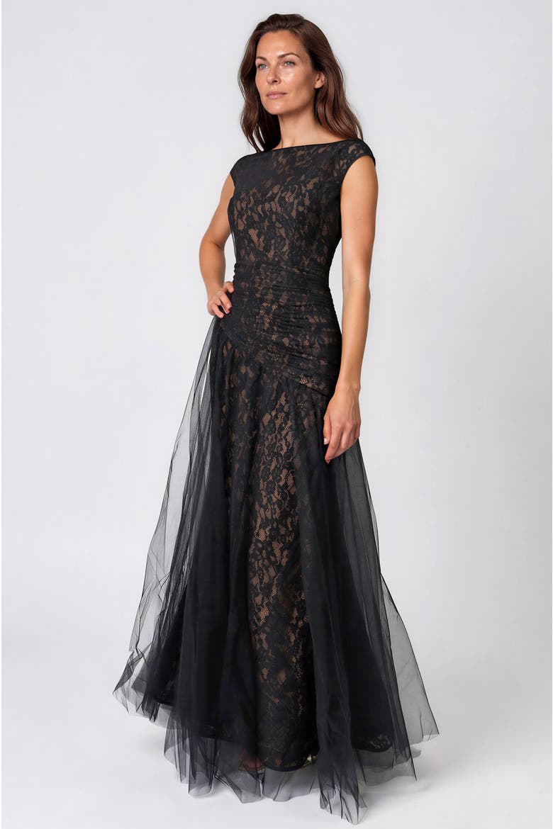 Bateau Neck Lace Tulle A-Line Gown, Alternate, color, Black