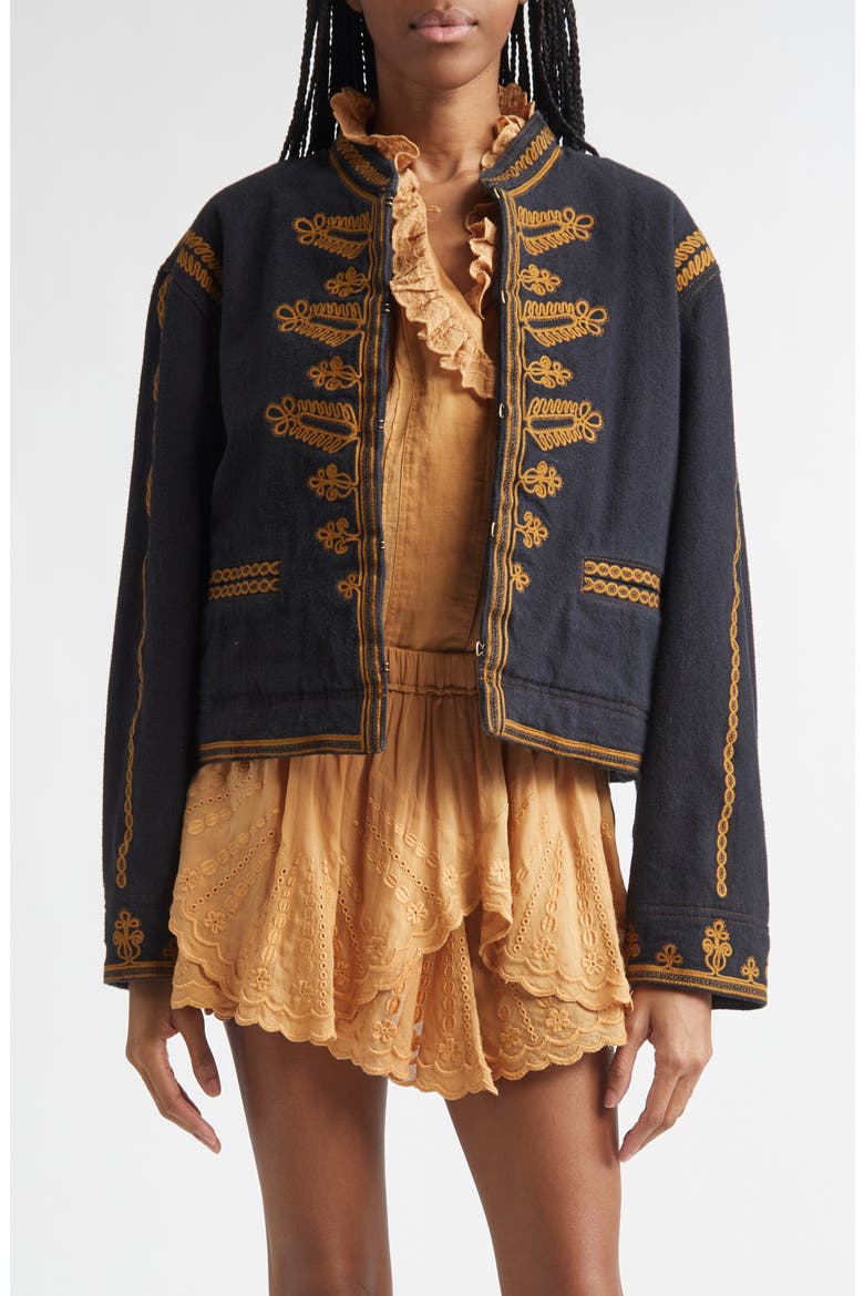 Emalia Embroidered Cotton Jacket, Main, color, BLACK
