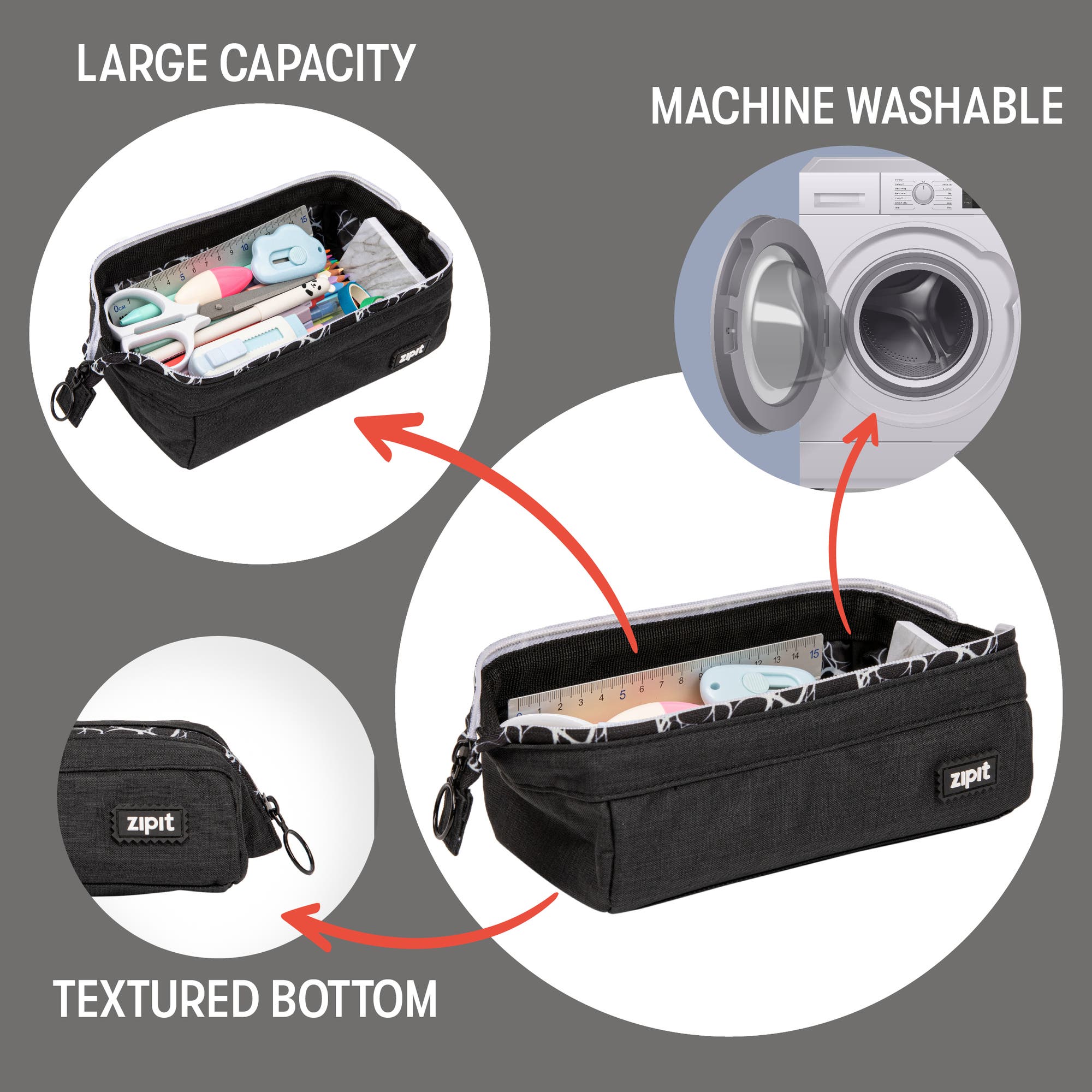 ZIPIT Lenny Pencil Case, Black & White, Large Storage Capacity Zipper Pouch, Alternate, color, Black