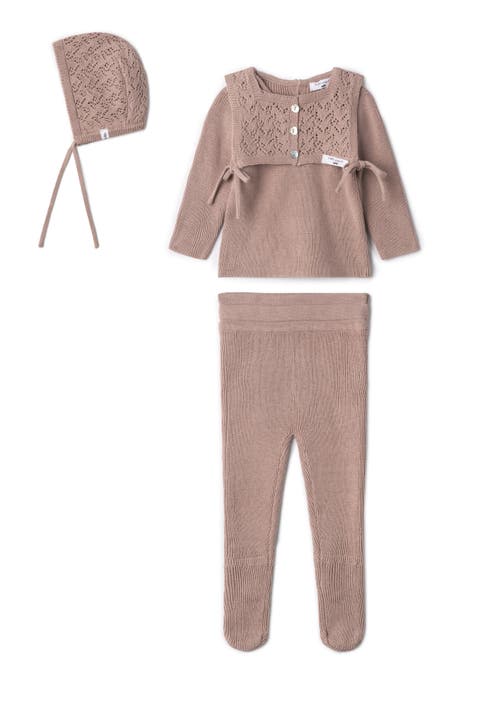 Girl Lace Knit Removable Bib & Back Button Top, Leggings and Bonnet Three-Piece Set