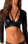 LASCANA Women's Faux Leather Mesh Top