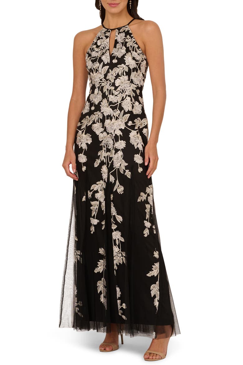 Embroidered Godet Gown, Main, color, BLACK/ IVORY