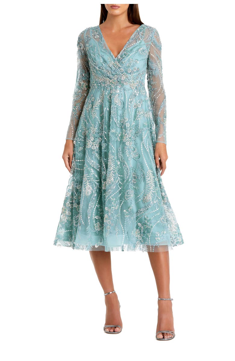 Mac Duggal Women's Floral Embroidered V Neck Long Sleeve Midi Dress, Main, color, Seafoam