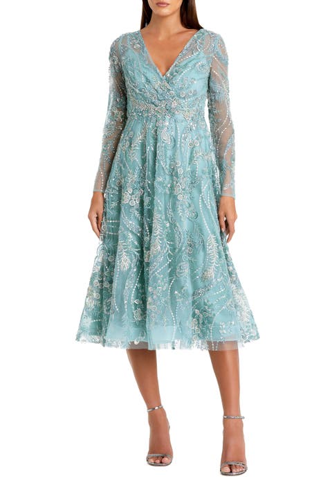 Women's Floral Embroidered V Neck Long Sleeve Midi Dress