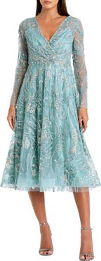 Mac Duggal Women's Floral Embroidered V Neck Long Sleeve Midi Dress