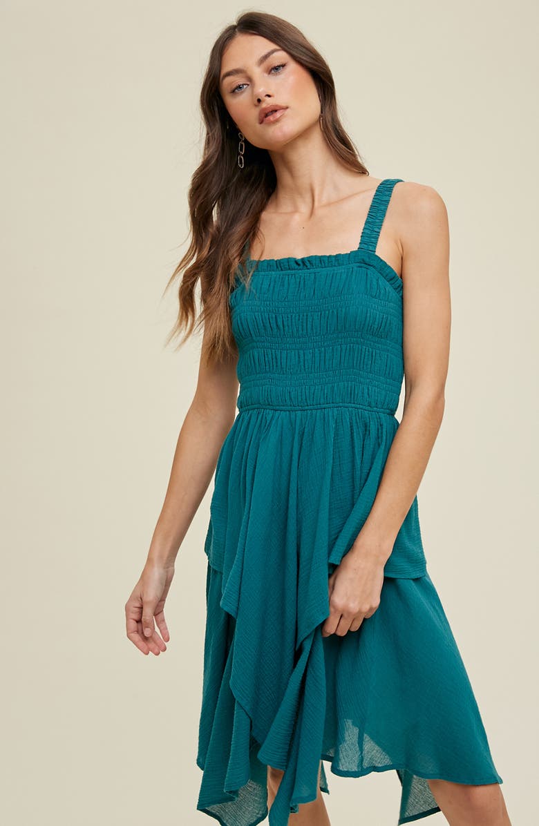 WISHLIST Smocked Handkerchief Hem Minidress, Alternate, color, Teal