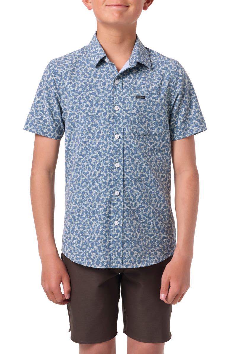 O'Neill Kids' TRVLR UPF Traverse Print Short Sleeve Cotton Button-Up Shirt, Main, color, Sage