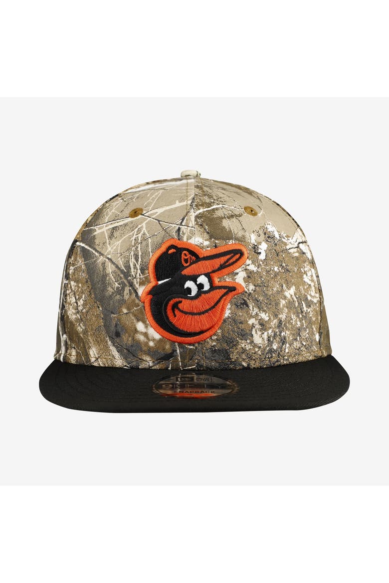 Men's New Era Camo Baltimore Orioles Realtree Orange Pop 9FIFTY Snapback Hat, Alternate, color, Camo