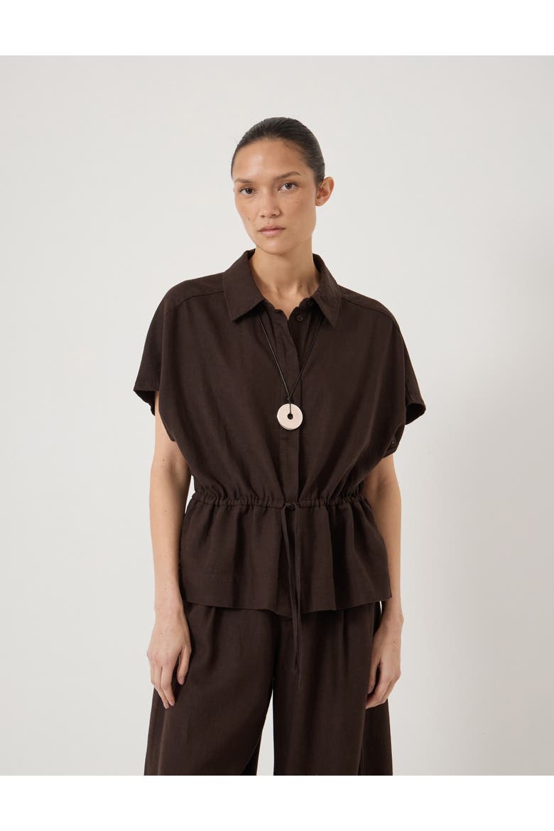 Mirai Linen Blend Short Sleeve Shirt, Main, color, Dark Brown