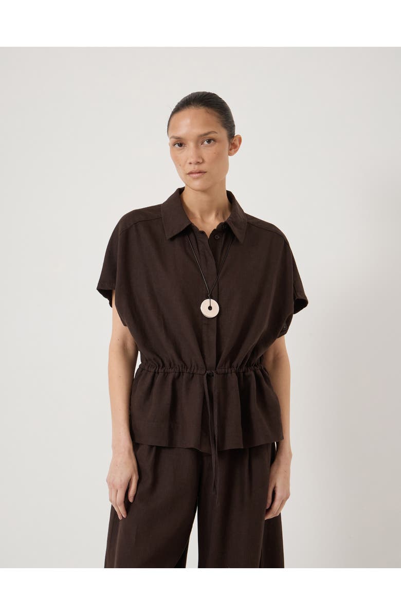Hush Mirai Linen Blend Short Sleeve Shirt, Main, color, Dark Brown
