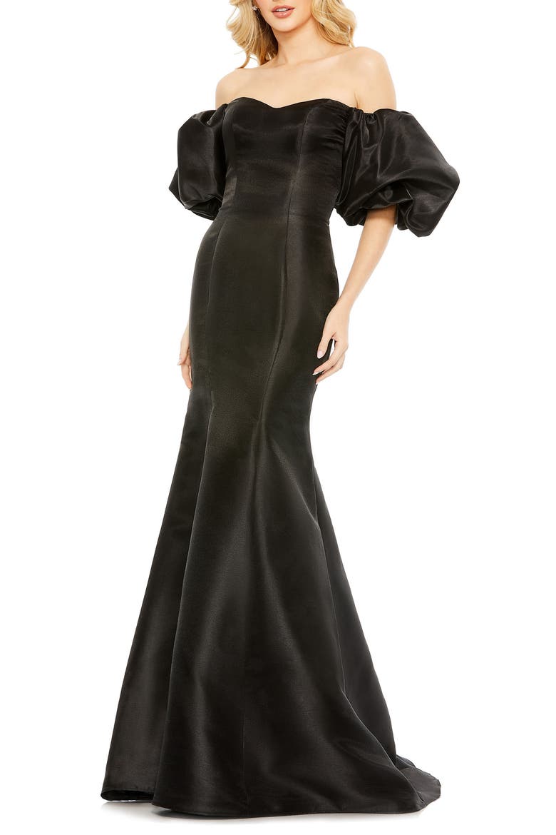 Women's Sweetheart Off The Shoulder Puff Sleeve Gown, Main, color, BLACK