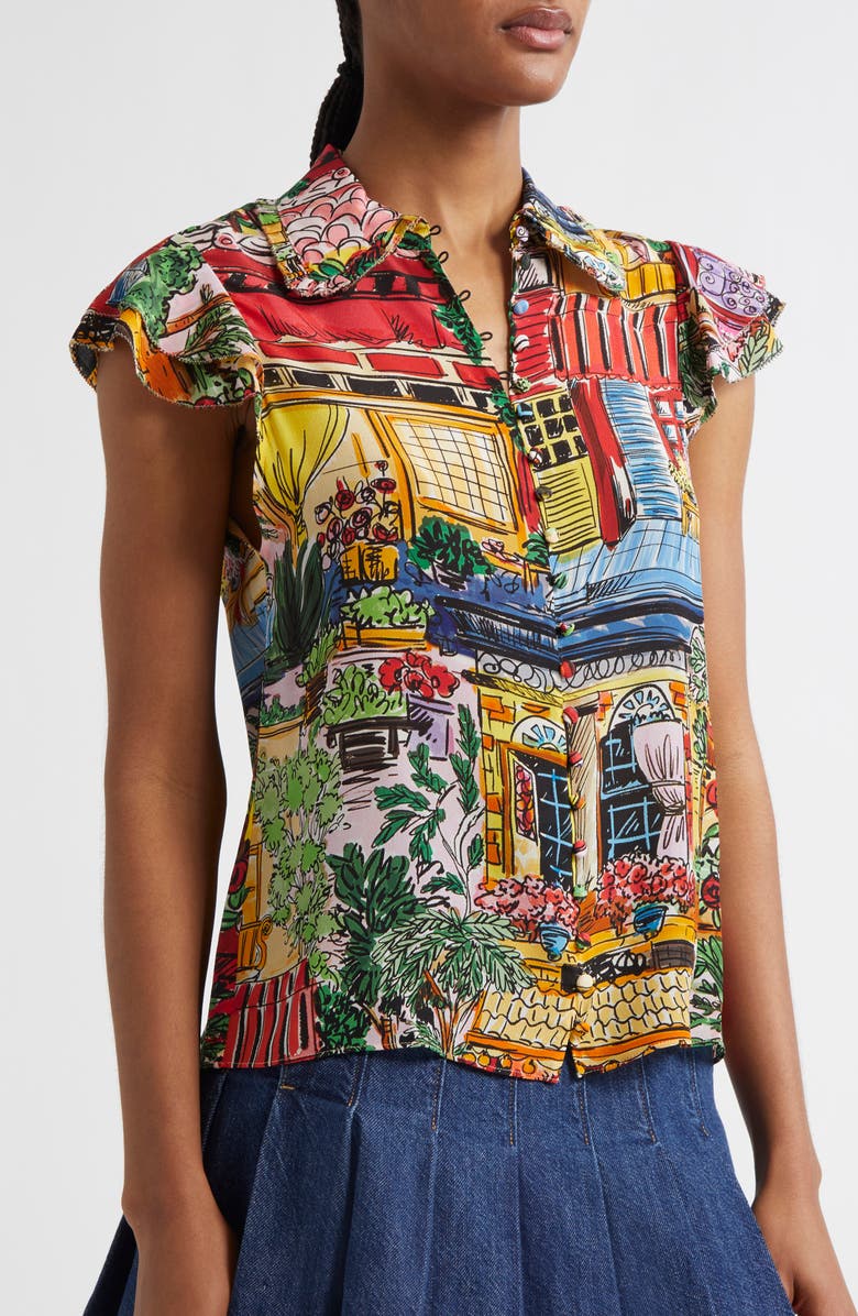 Alice + Olivia Martel Flutter Sleeve Silk Button-Up Shirt, Alternate, color, 